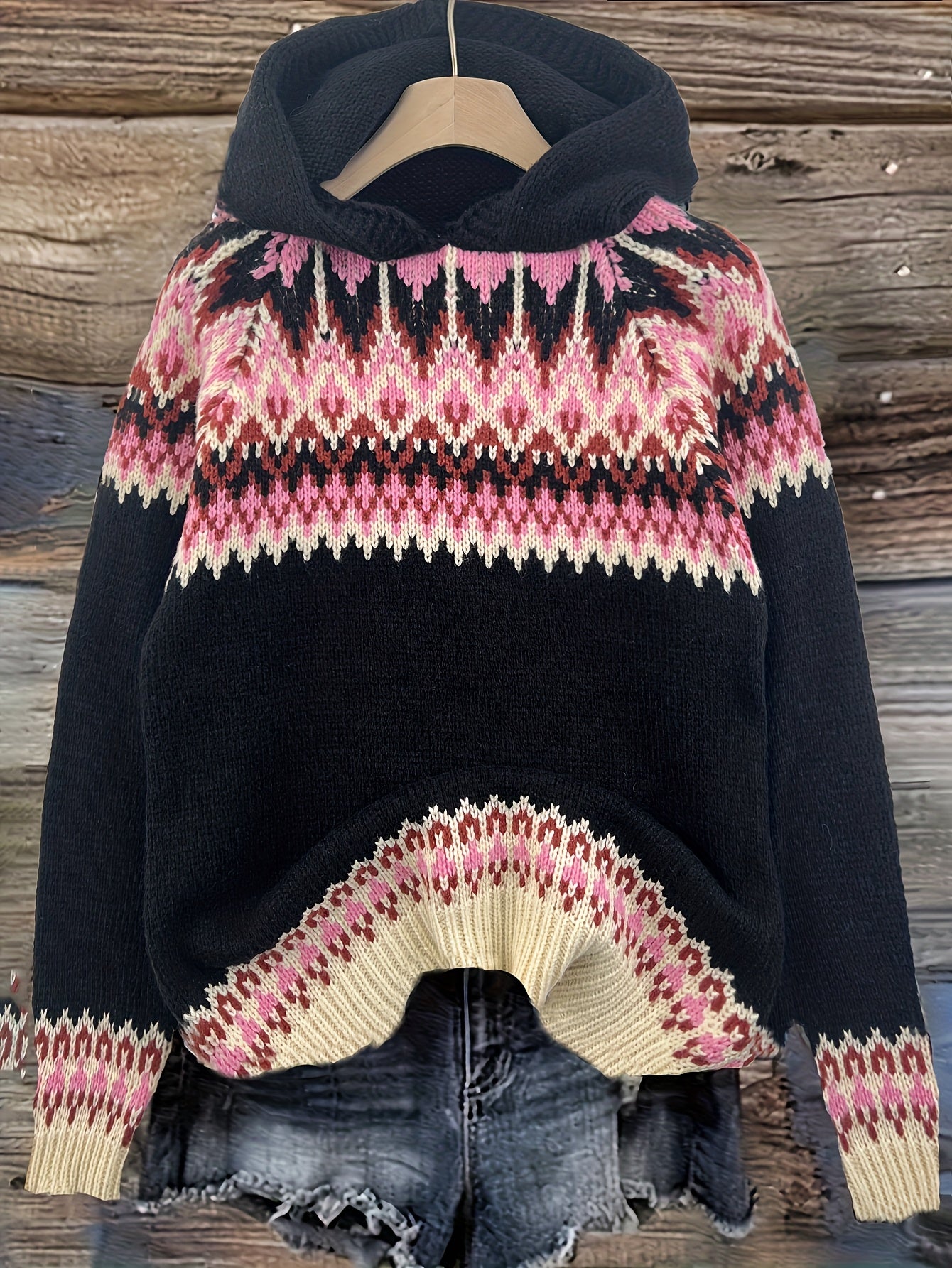 Comfortable Fair Isle Sweater for Women with Hooded Long Sleeve Relaxed Oversized Knit Style