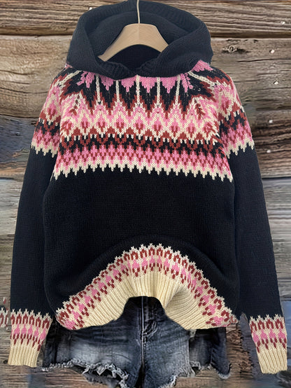 Comfortable Fair Isle Sweater for Women with Hooded Long Sleeve Relaxed Oversized Knit Style