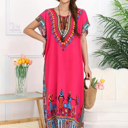 Effortless Tribal Print Kaftan Dress for Women with V Neck Short Sleeve Flowing Bohemian Style