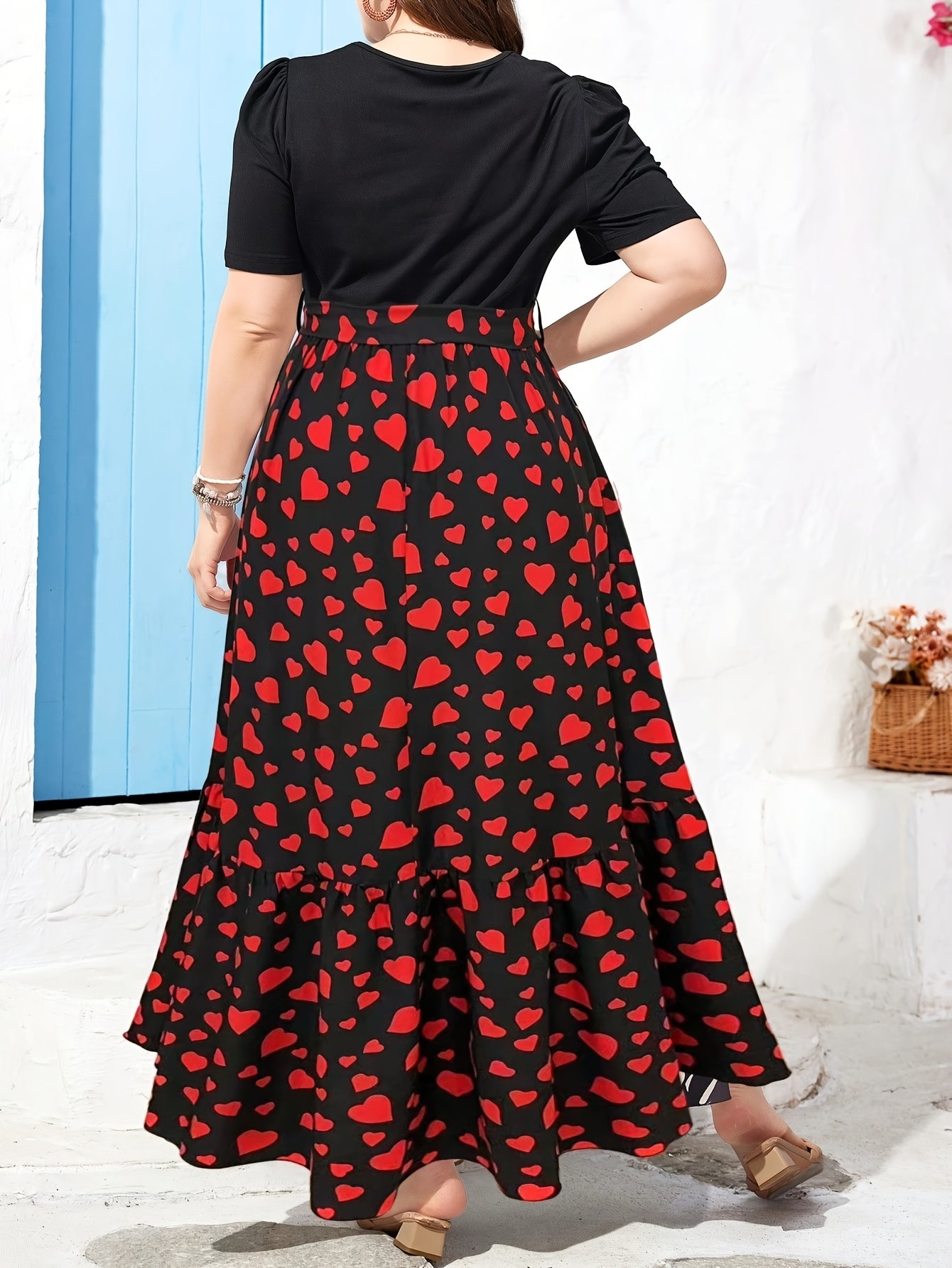 Plus Size, Plus Size Summer Dress with Round Neck, Puff Short Sleeves, Ruffled Hem, and Belted Print Design. Flowy Vacation Dress for Summer, Mid-length Fashionable Dress with Waist-cinching Effect