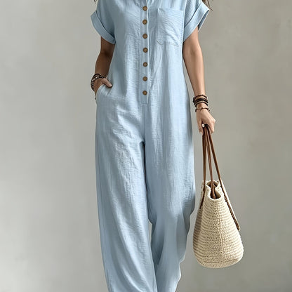 Women'S Summer Short Sleeve Jumpsuit, Collared Single-Row Button Loose Straight Style, Casual Cargo Overalls, Loose Straight Drape Long Pants, Daily Commute Casual All-Match Fashion Comfortable