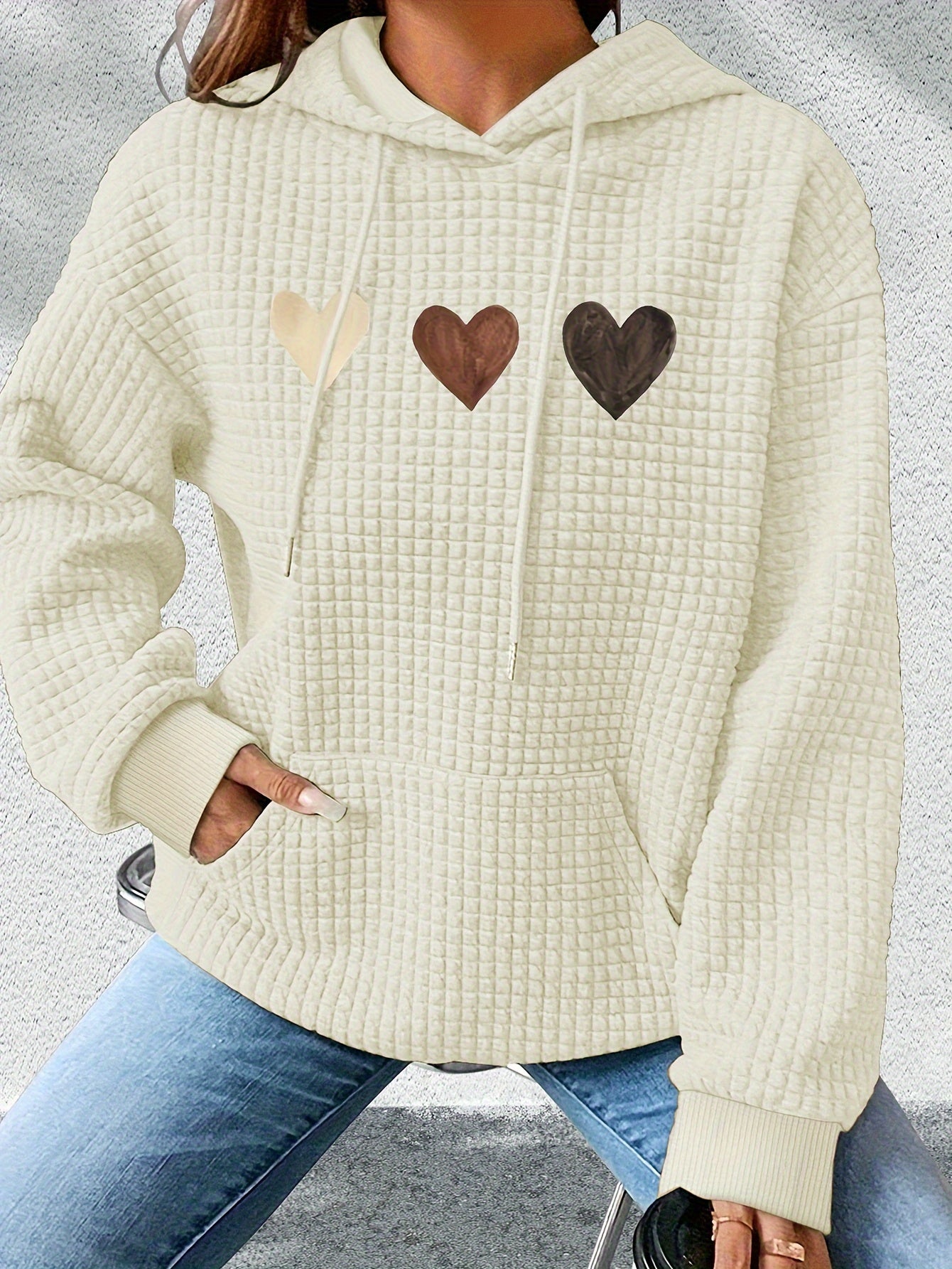 Comfortable Heart Print Waffle Knit Hoodie for Women with Hooded Long Sleeve Kangaroo Pocket Oversized Style