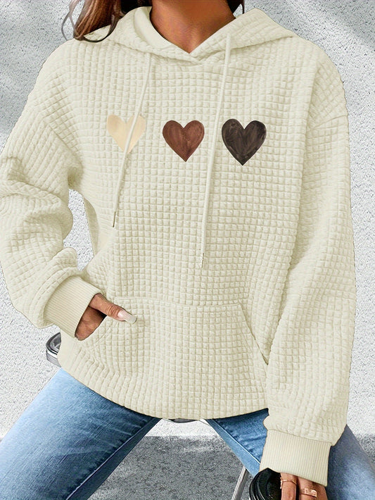 Comfortable Heart Print Waffle Knit Hoodie for Women with Hooded Long Sleeve Kangaroo Pocket Oversized Style