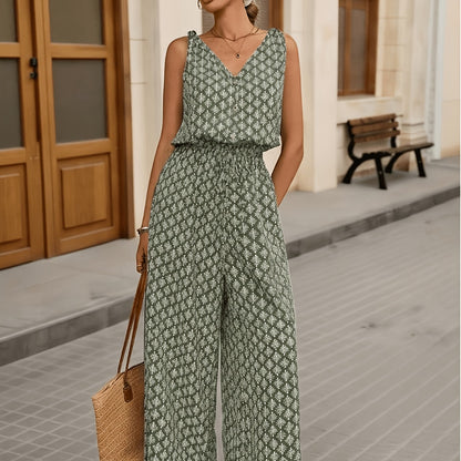 Women's Casual Wide-Leg Jumpsuit, Printed Sleeveless V-Neck Long Jumpsuit with Pockets and Buttons, Summer Jumpsuit, Women's Casual Jumpsuit, Sleeveless Jumpsuit, Women's Jumpsuit, Green, Apricot, Women's Jumpsuit