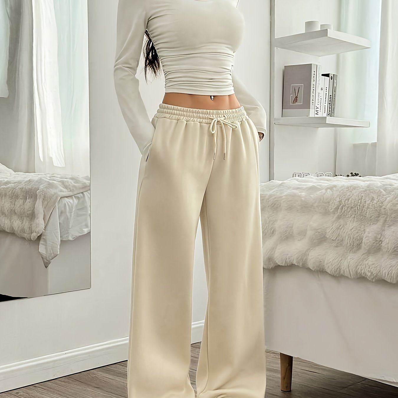 Oriented Elegant Ladies' Trousers Drawstring Pocket Design Solid Color Easy Versatile Sweatpants