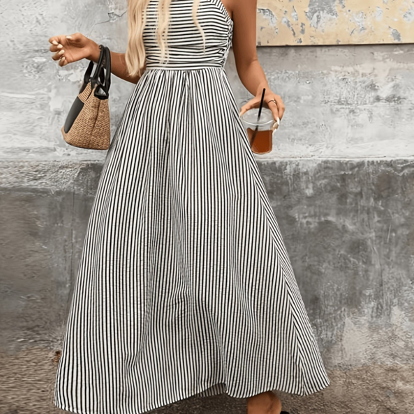 Elegant Black Striped Maxi Dress for Women with Square Neck Sleeveless Smocked High Low Style