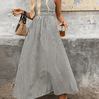Elegant Black Striped Maxi Dress for Women with Square Neck Sleeveless Smocked High Low Style