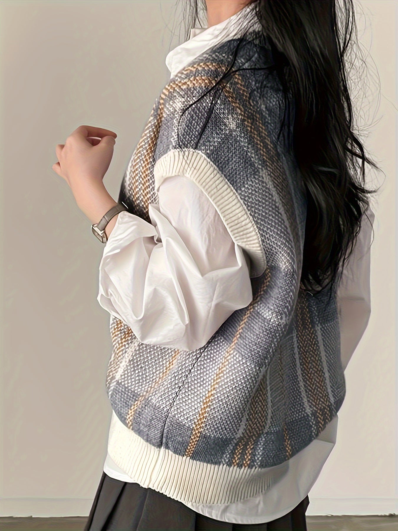 Comfortable Plaid Sweater Vest for Women with V Neck Sleeveless Ribbed Trim Oversized Knit Style