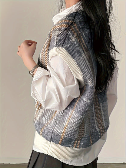 Comfortable Plaid Sweater Vest for Women with V Neck Sleeveless Ribbed Trim Oversized Knit Style