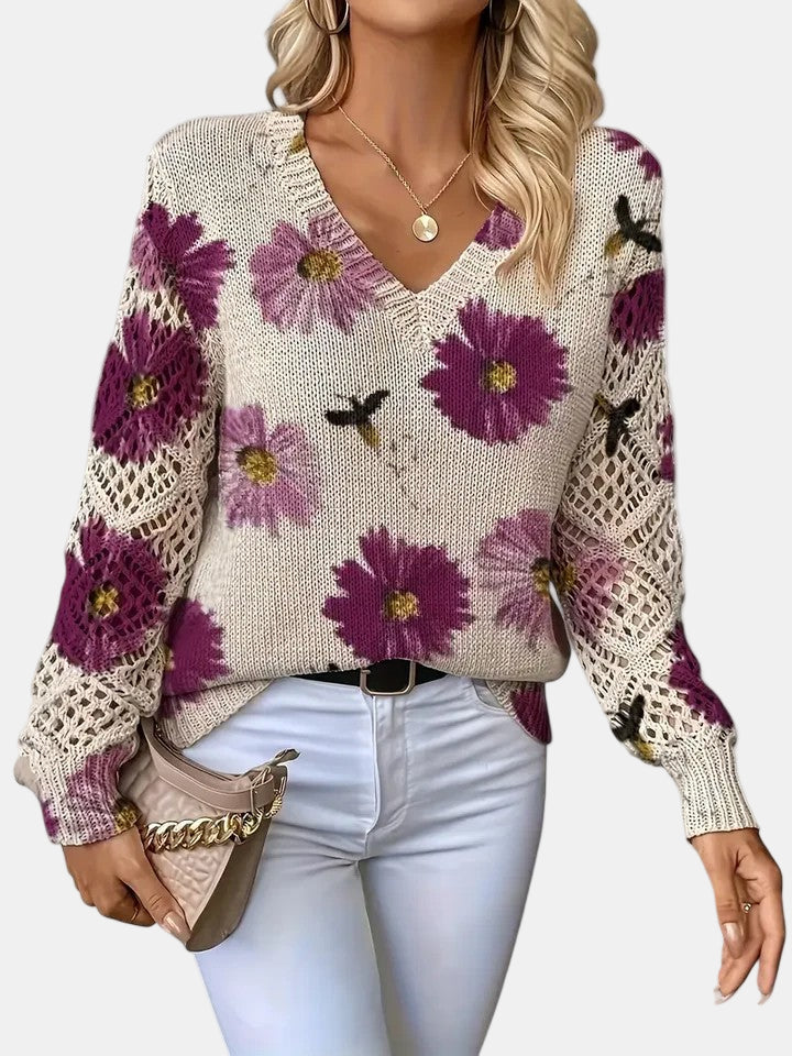 Comfortable Floral Crochet Sweater for Women with V Neck Balloon Sleeve Lace Panel Oversized Knit Style