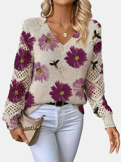 Comfortable Floral Crochet Sweater for Women with V Neck Balloon Sleeve Lace Panel Oversized Knit Style