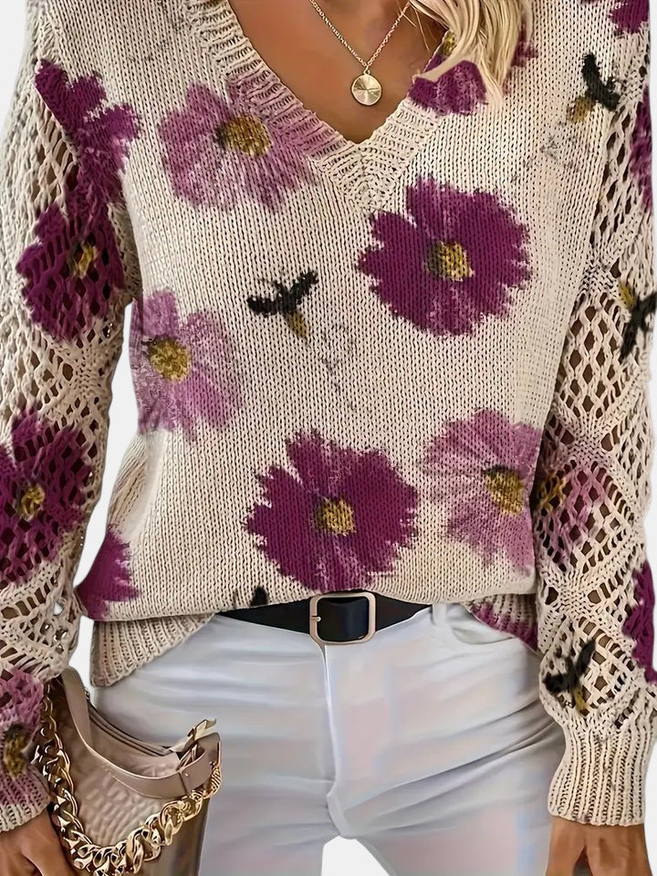 Comfortable Floral Crochet Sweater for Women with V Neck Balloon Sleeve Lace Panel Oversized Knit Style