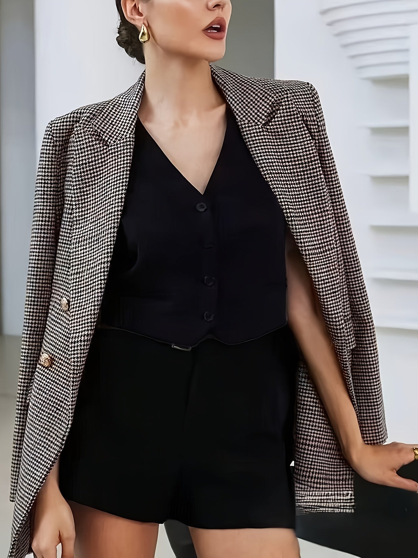 Elegant Coffee Brown Houndstooth Three Piece Set for Women with Notch Lapel Double Breasted Blazer Vest Shorts Formal Style