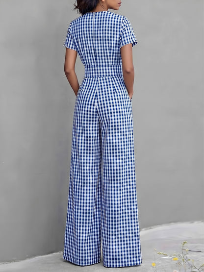 2026 Spring Summer New Plaid V-Neck Short Sleeve Jumpsuit Women'S High-Waist Wide-Leg Straight Long Pants, Women'S Commute Casual Two-Wear Jumpsuit, High-Waist Waist-Cinching Design with Flowing Wide-Leg Trousers