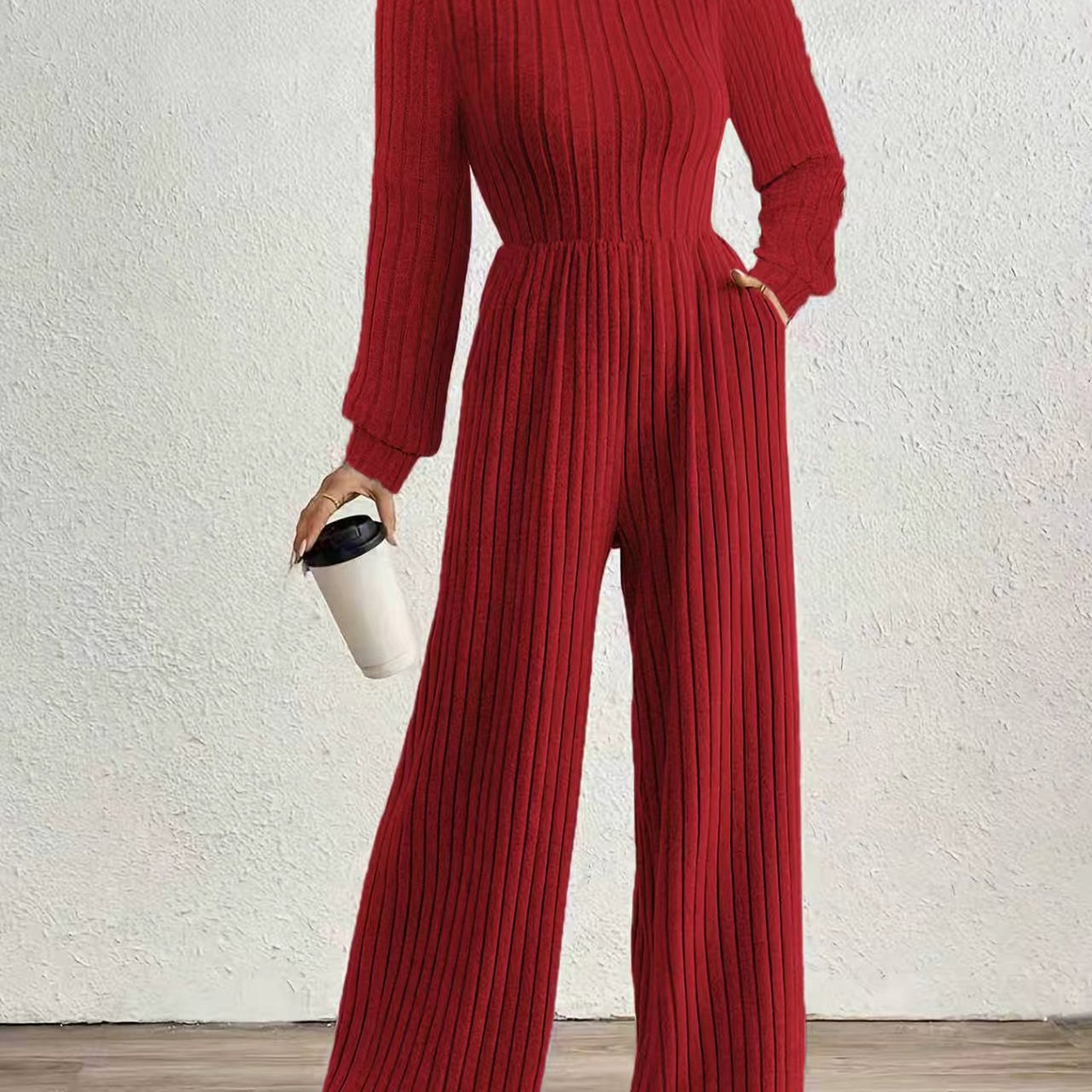 Comfortable Ribbed Knit Wide Leg Jumpsuit for Women with High Neck Long Sleeve Relaxed Pocket Style
