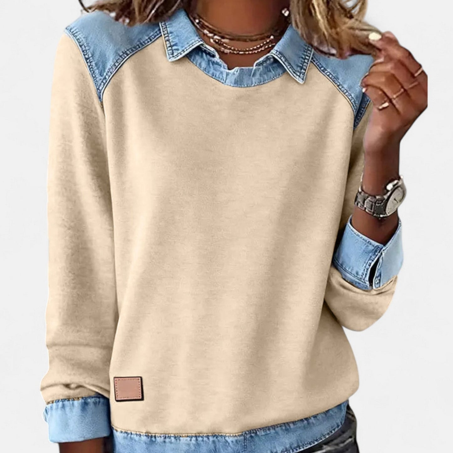 Effortless Denim Colorblock Sweatshirt for Women with Collar Long Raglan Sleeve Contrast Cuff Casual Style
