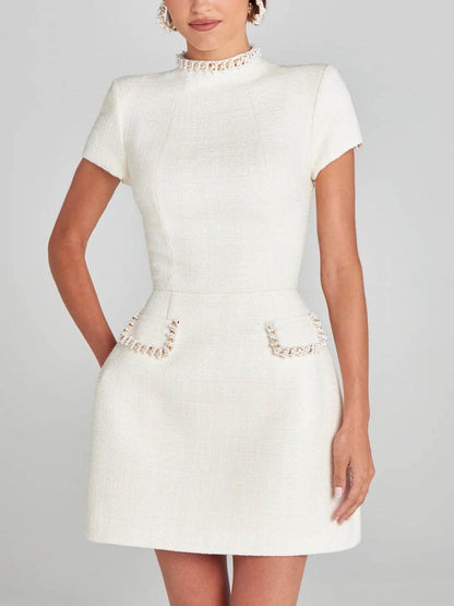 Elegant Tweed Mini Dress for Women with Mock Neck Short Sleeve Embellished Pocket Cocktail Style
