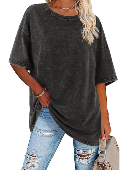 Effortless Washed Cotton Tunic Top for Women with Crew Neck Half Sleeve Oversized Relaxed Casual Style
