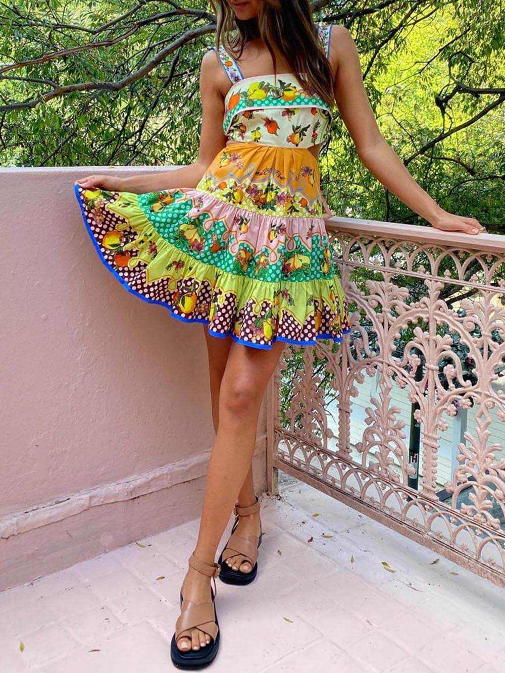 Effortless Multicolor Citrus Print Mini Dress for Women with Square Neck Sleeveless Cut Out Tiered Ruffle Bohemian Style