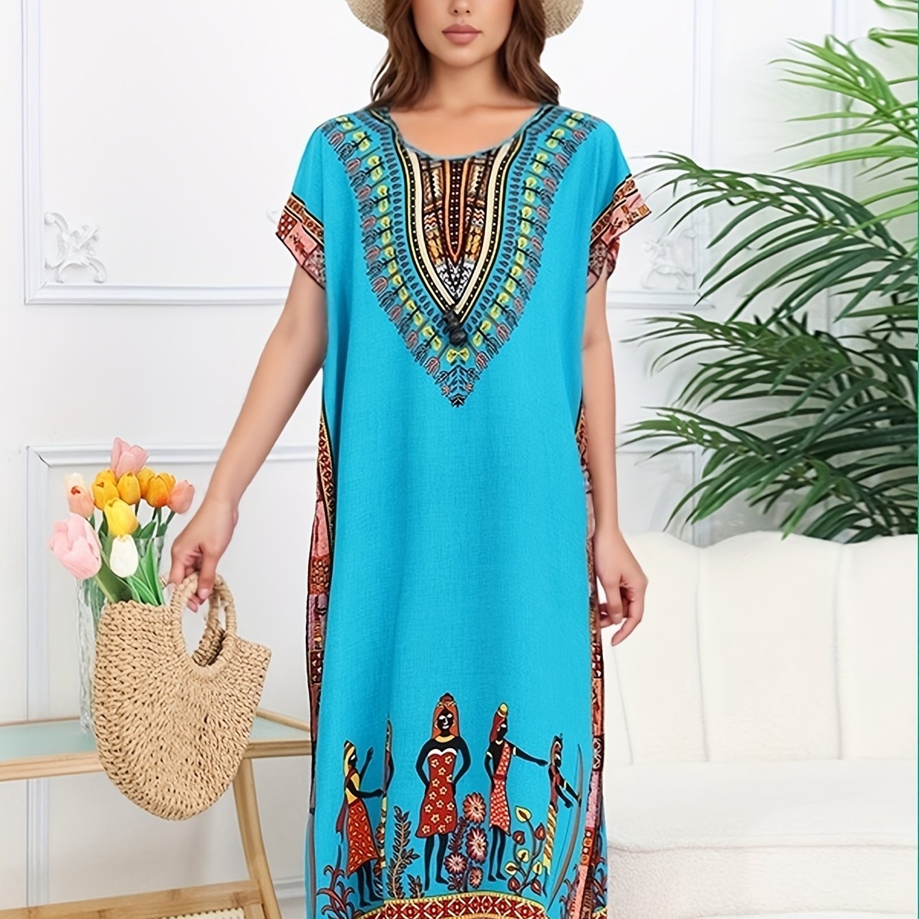 Effortless Tribal Print Kaftan Dress for Women with V Neck Short Sleeve Flowing Bohemian Style