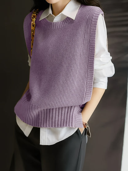 Comfortable Ribbed Sweater Vest for Women with Crew Neck Sleeveless Oversized Knit Style