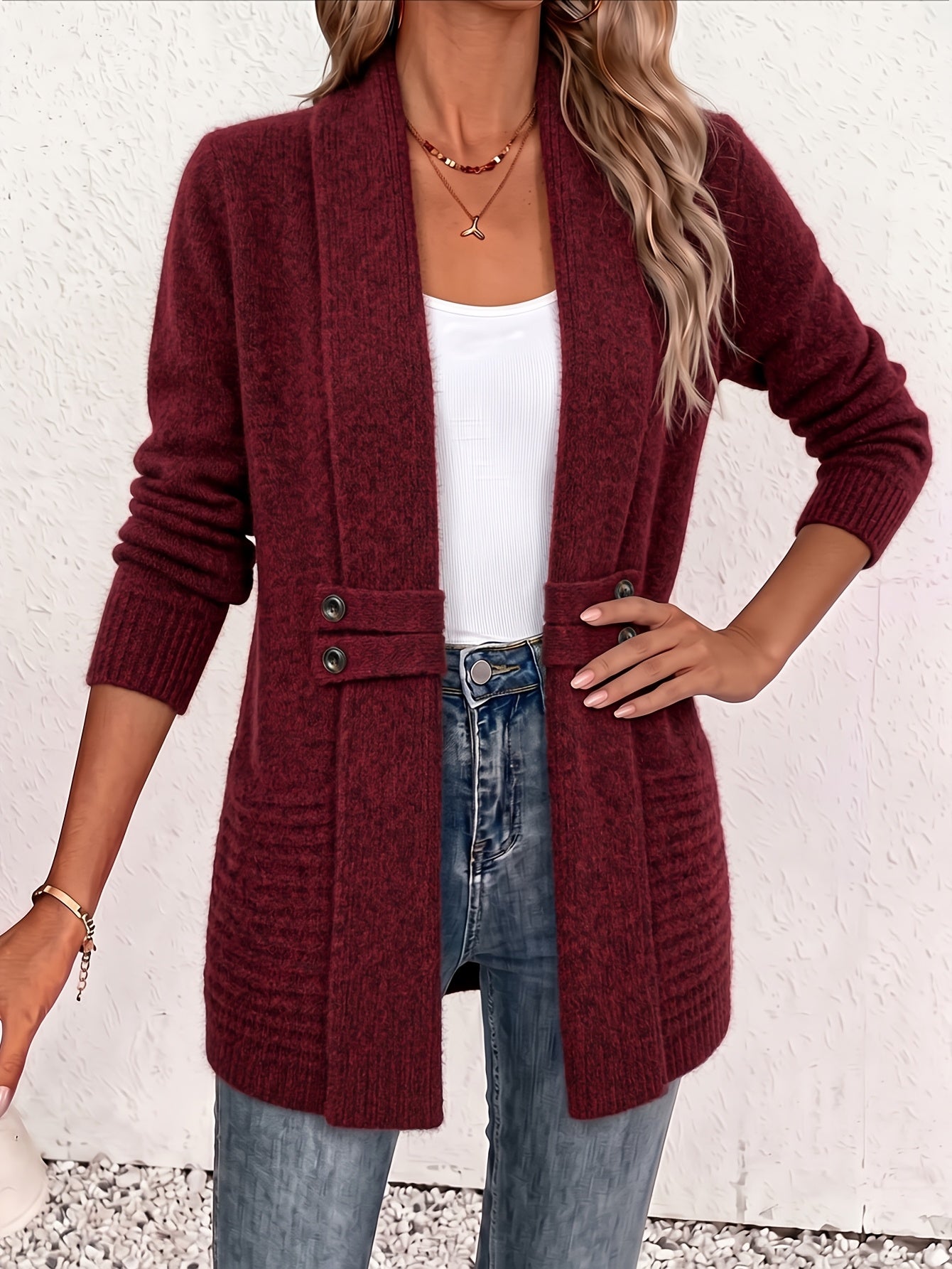 Effortless Ribbed Cardigan Sweater for Women with Shawl Collar Long Sleeve Button Tab Relaxed Style