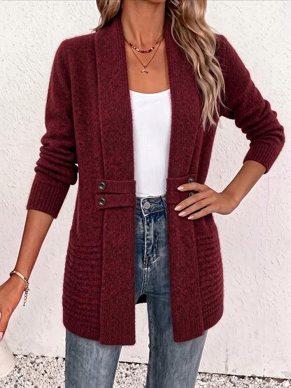 Effortless Ribbed Cardigan Sweater for Women with Shawl Collar Long Sleeve Button Tab Relaxed Style