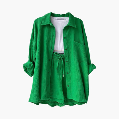 Effortless Crinkle Cotton Two Piece Set for Women with Collared Button Front Drawstring Shorts Relaxed Style