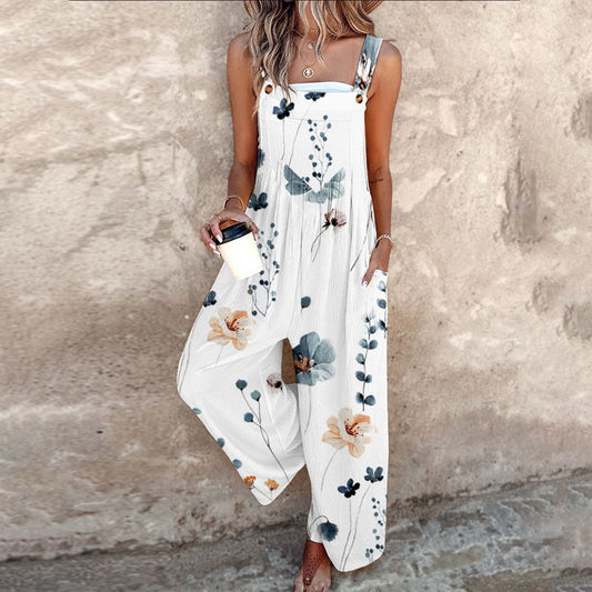 Effortless Floral Wide Leg Jumpsuit for Women with Square Neck Sleeveless Button Front Bohemian Style