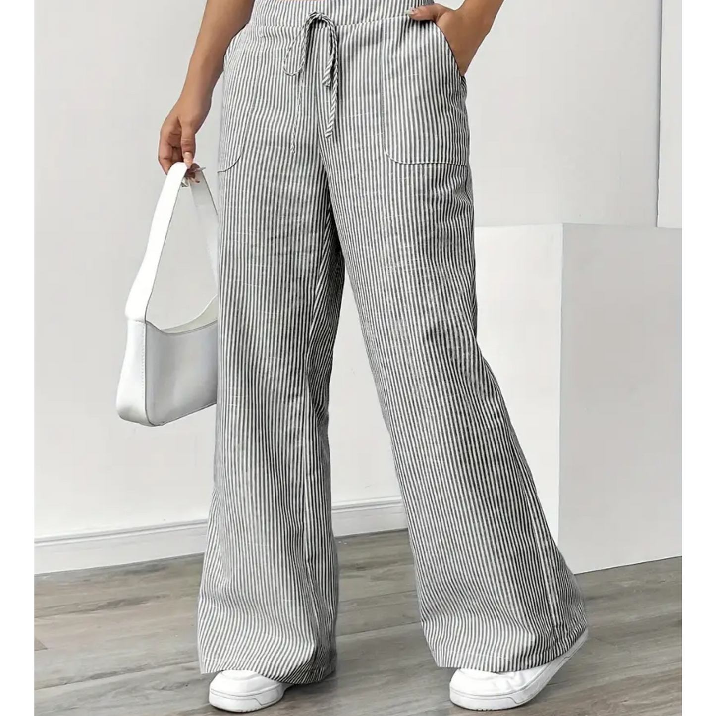 Effortless Striped Wide Leg Pants for Women with High Waist Drawstring Relaxed Casual Style