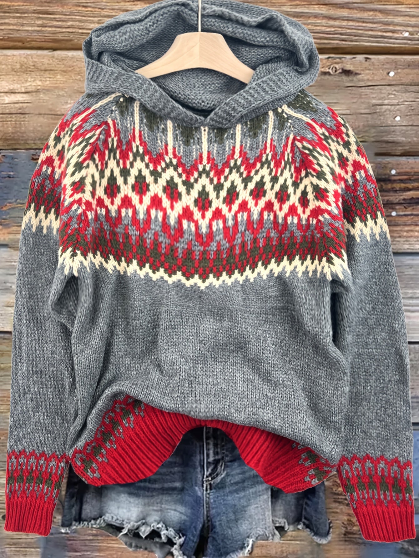 Comfortable Fair Isle Sweater for Women with Hooded Long Sleeve Relaxed Oversized Knit Style