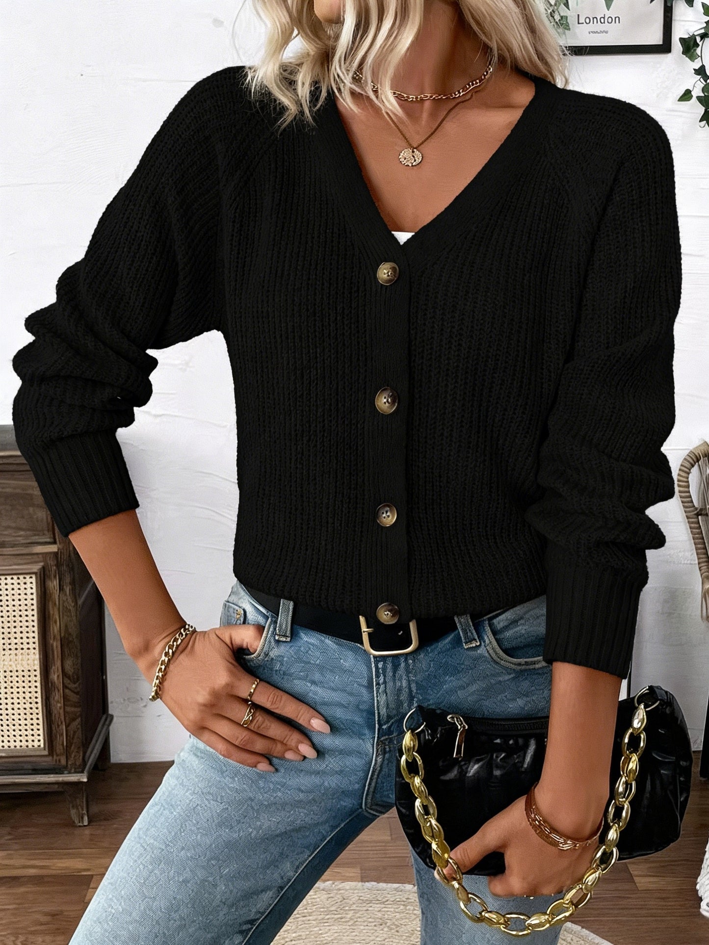 Comfortable Ribbed Knit Cardigan for Women with V Neck Long Sleeve Button Front Relaxed Cropped Style
