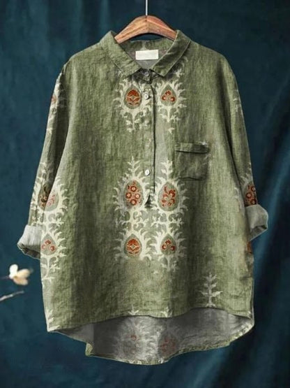 Effortless Floral Linen Blouse for Women with Collar Long Sleeve Button Front High Low Hem Style