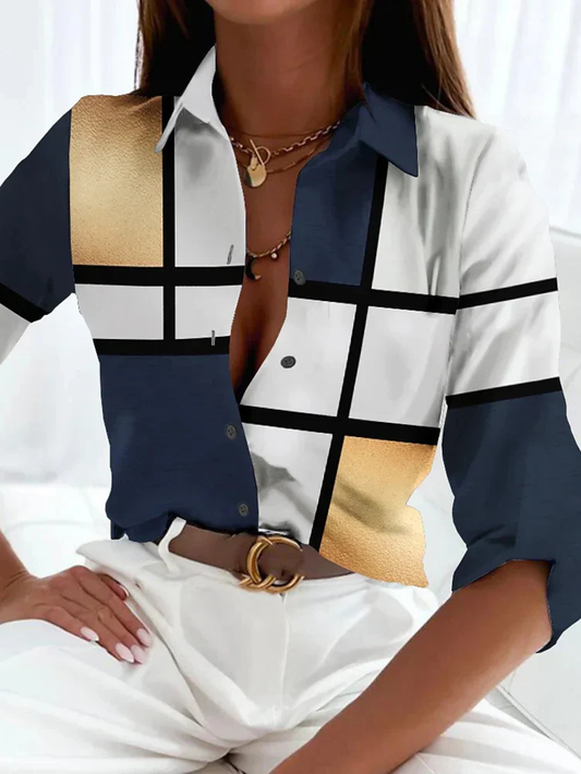 Effortless Colorblock Print Blouse for Women with Point Collar Elbow Sleeve Button Front Relaxed Style