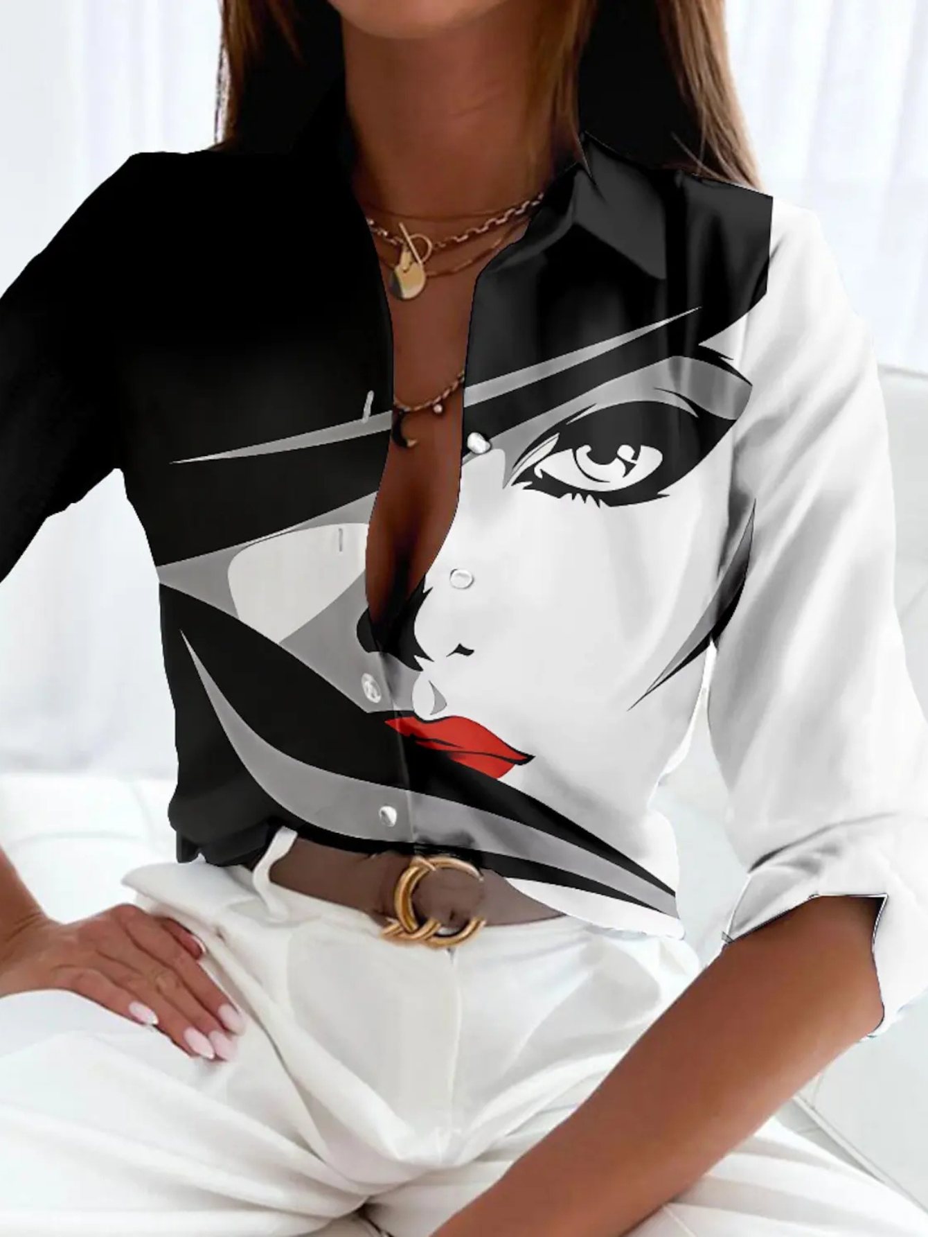 Effortless Colorblock Print Blouse for Women with Point Collar Elbow Sleeve Button Front Relaxed Style