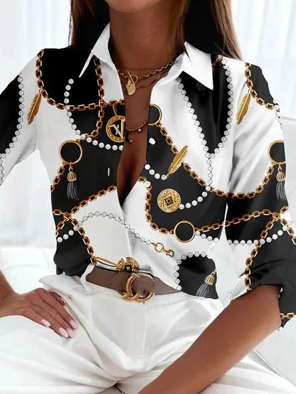 Effortless Colorblock Print Blouse for Women with Point Collar Elbow Sleeve Button Front Relaxed Style