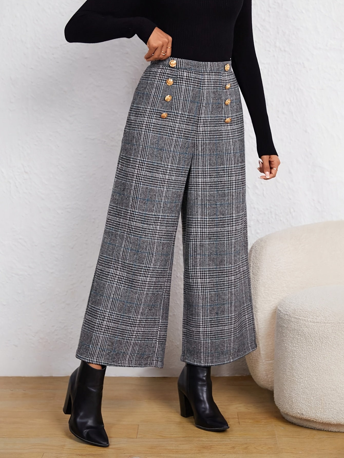 Elegant Grey Plaid Wide Leg Pants for Women with High Waist Button Front Tailored Style