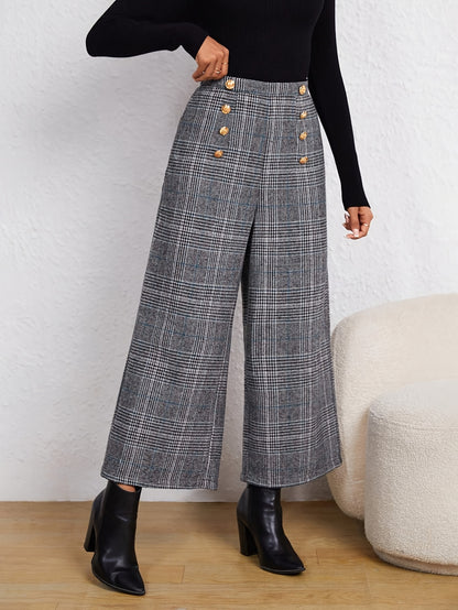 Elegant Grey Plaid Wide Leg Pants for Women with High Waist Button Front Tailored Style