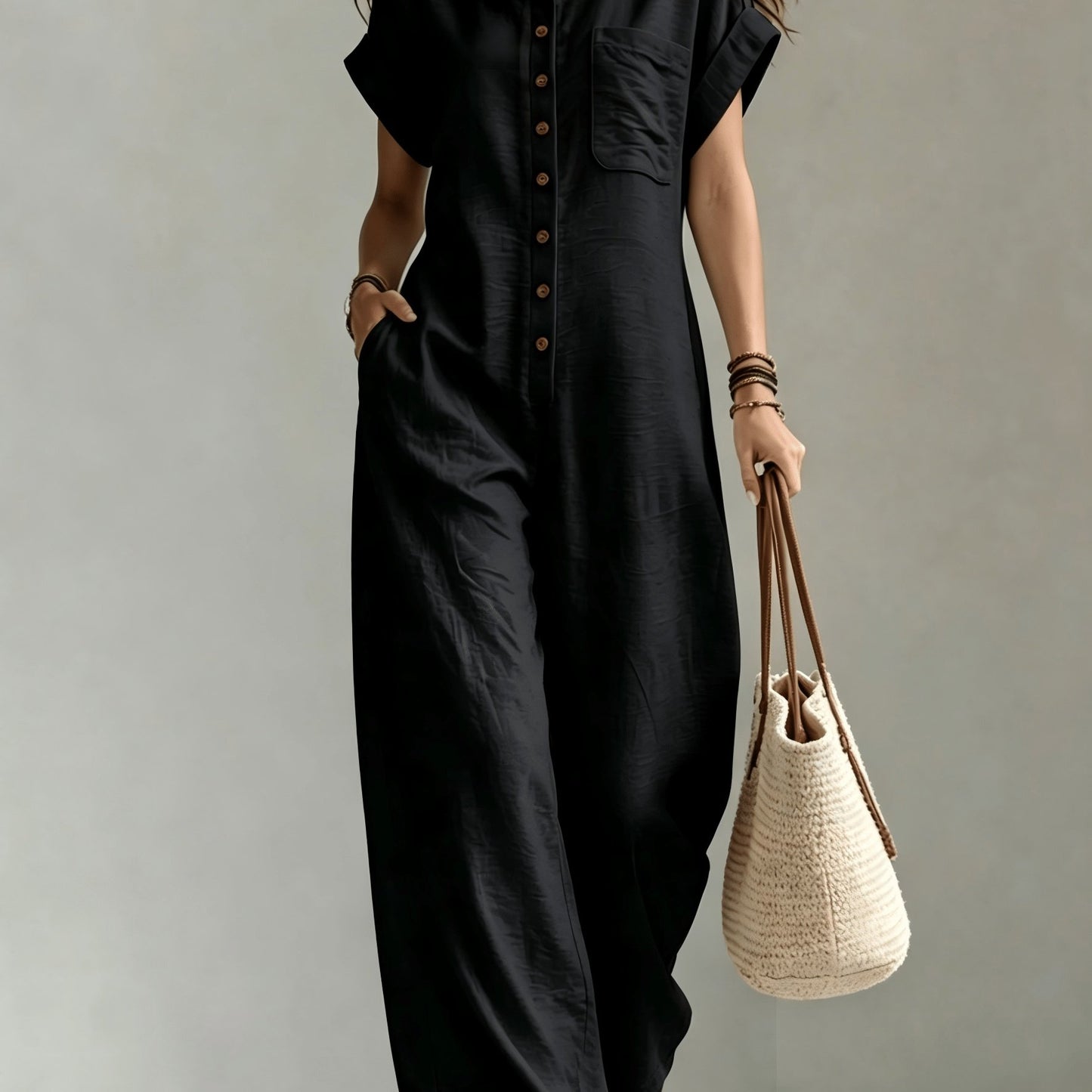 Women'S Summer Short Sleeve Jumpsuit, Collared Single-Row Button Loose Straight Style, Casual Cargo Overalls, Loose Straight Drape Long Pants, Daily Commute Casual All-Match Fashion Comfortable