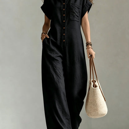 Women'S Summer Short Sleeve Jumpsuit, Collared Single-Row Button Loose Straight Style, Casual Cargo Overalls, Loose Straight Drape Long Pants, Daily Commute Casual All-Match Fashion Comfortable