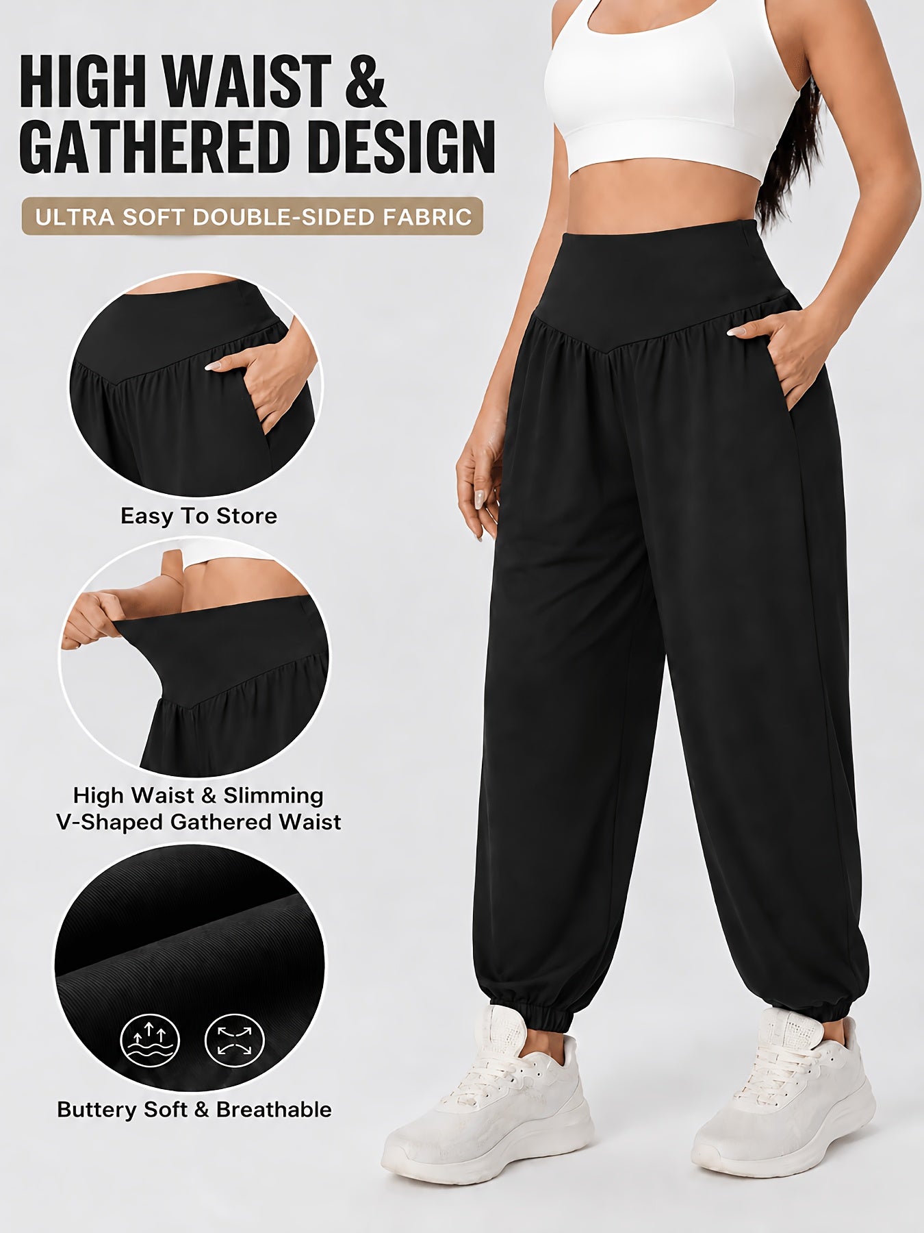 Women'S Casual Solid High-Waist Loose Lantern Pants, Daily Tummy Control Ankle-Cinching Yoga Fitness Athletic Trousers