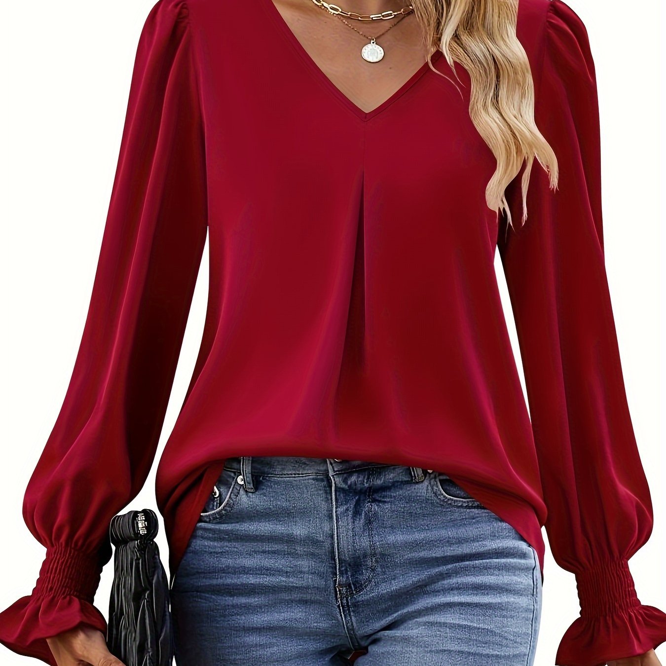 Effortless Blouse for Women with V Neck Balloon Sleeve Smocked Cuff Relaxed Style
