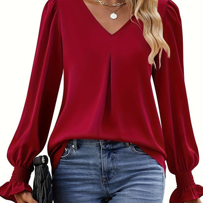 Effortless Blouse for Women with V Neck Balloon Sleeve Smocked Cuff Relaxed Style