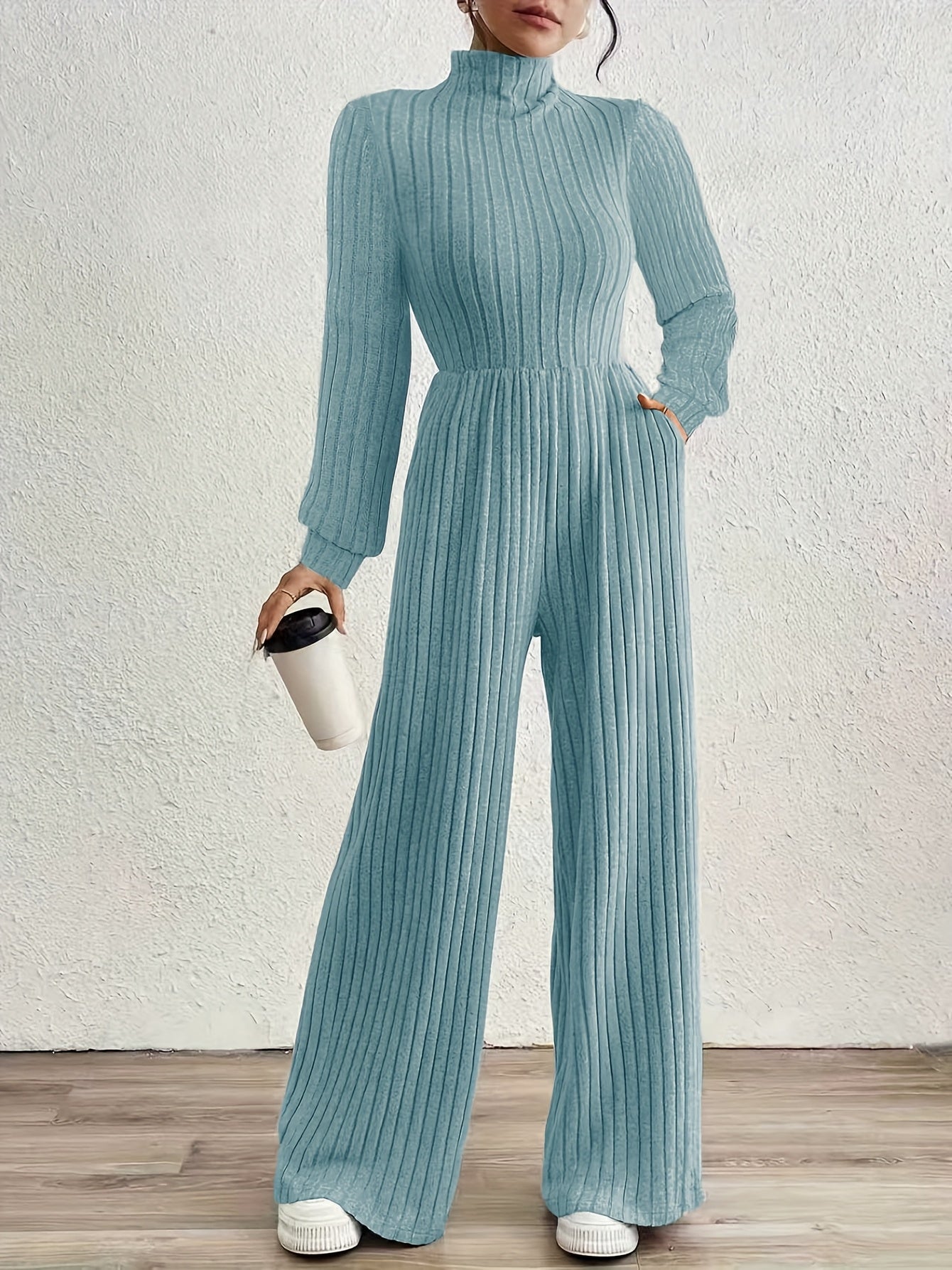 Comfortable Ribbed Knit Wide Leg Jumpsuit for Women with High Neck Long Sleeve Relaxed Pocket Style