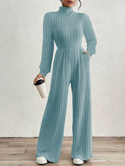 Comfortable Ribbed Knit Wide Leg Jumpsuit for Women with High Neck Long Sleeve Relaxed Pocket Style