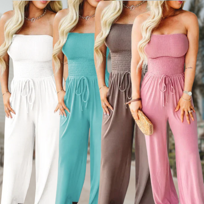 Effortless Smocked Wide Leg Jumpsuit for Women with Strapless Drawstring Waist Pocket Casual Style