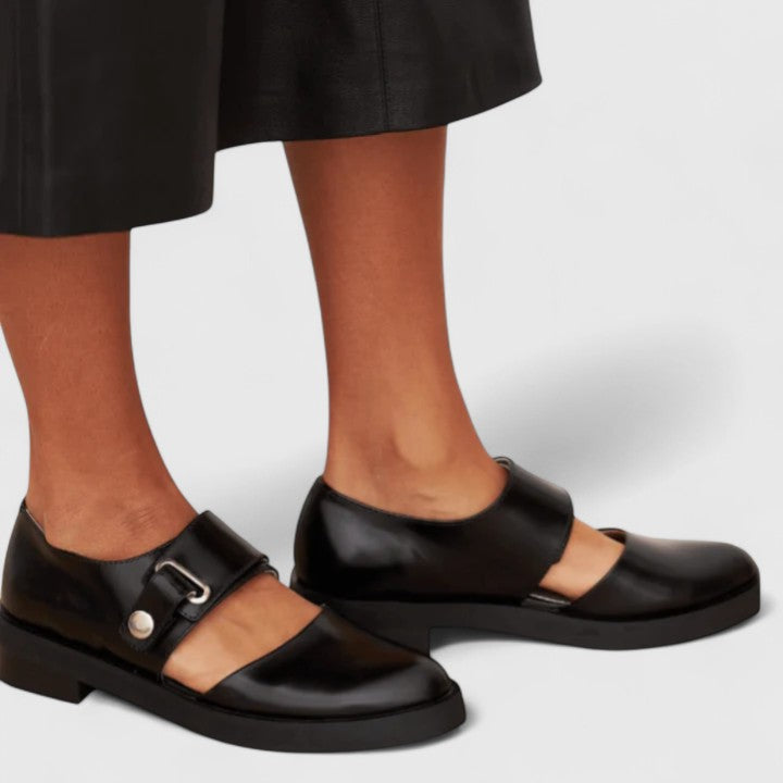 Elegant Black Leather Mary Jane Loafer for Women with Round Toe Buckle Strap Flat Style