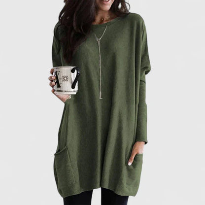 Comfortable Sweater Dress for Women with Round Neck Long Sleeve Front Pocket Oversized Knit Style