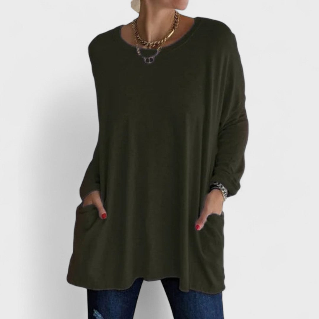 Effortless Oversized Tunic for Women with Crew Neck Long Sleeve Side Pocket Relaxed Style