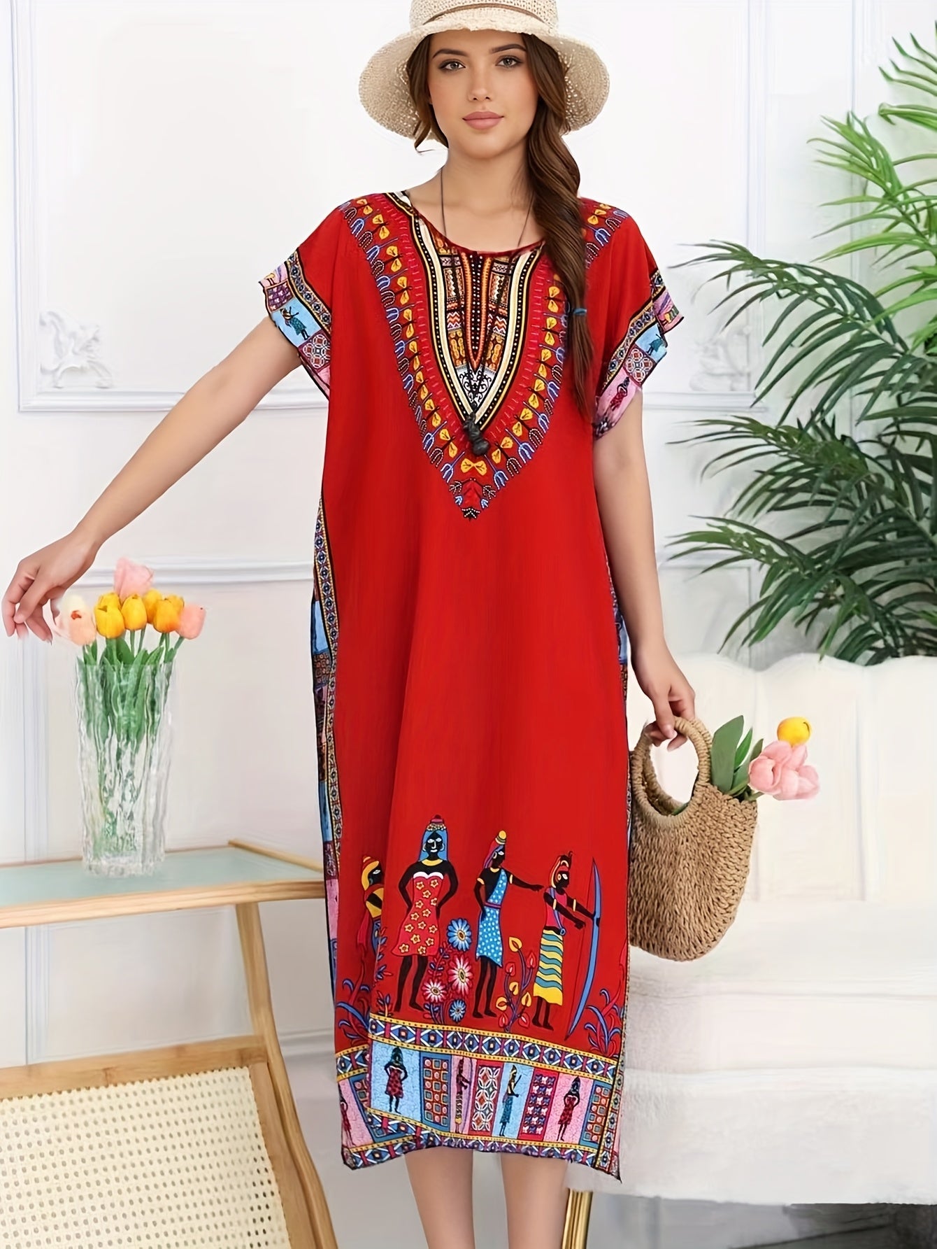 Effortless Tribal Print Kaftan Dress for Women with V Neck Short Sleeve Flowing Bohemian Style